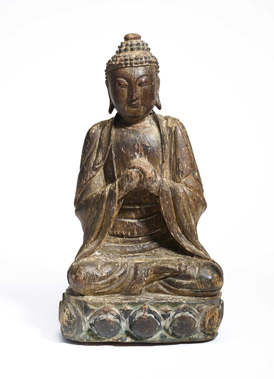 Lot 92 - A CHINESE SEATED LACQUERED WOOD BUDDHA, MING DYNASTY, 17TH CENTURY