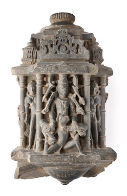 Lot 169 - A GREY STONE ARCHITECTURAL FRAGMENT DEPICTING VISHNU, RAJASTHAN, WESTERN INDIA, 11TH/12TH CENTURY