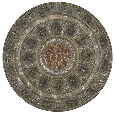 Lot 189 - A SILVER AND COPPER INLAID BRASS TRAY, THANJAVUR (TANJORE), 19TH CENTURY