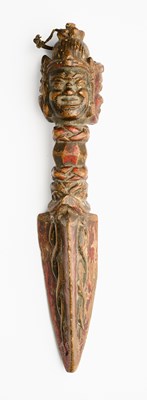 Lot 136 - A CARVED AND PAINTED WOOD RITUAL DAGGER (PHURBU), TIBET, 19TH CENTURY