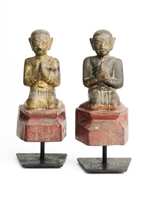 Lot 118 - TWO CARVED, PAINTED AND GILT WOOD FIGURES OF BUDDHIST DEVOTEES, BURMA (NOW MYANMAR), 19TH CENTURY