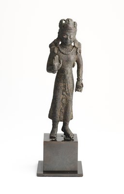 Lot 170 - A SWAT VALLEY BRONZE FIGURE OF MAITREYA, KHYBER PAKHTUNKHWA, PAKISTAN, CIRCA 7TH CENTURY