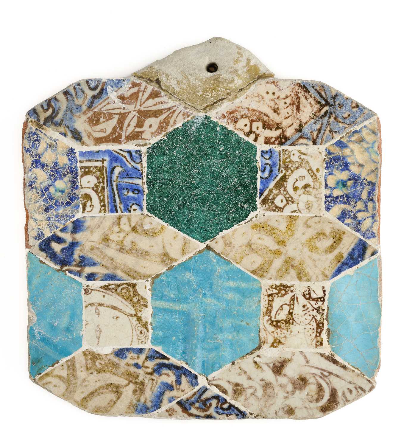 Lot 512 - A SMALL TILE MOSAIC PANEL COMPOSED OF EARLY ISLAMIC TILE FRAGMENTS, PERSIA, MOSTLY 13TH CENTURY