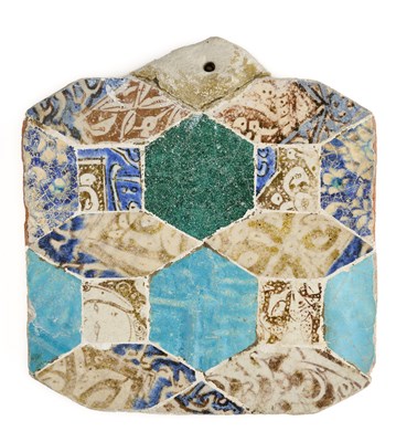 Lot 512 - A SMALL TILE MOSAIC PANEL COMPOSED OF EARLY ISLAMIC TILE FRAGMENTS, PERSIA, MOSTLY 13TH CENTURY