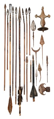 Lot 353 - SIX INDIAN ARROWS, EARLY 19TH CENTURY, AN IRON HILT FOR AN INDIAN TALWAR, THREE AXES