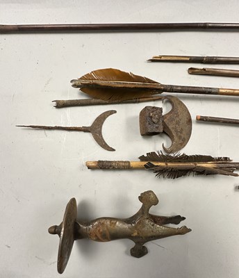 Lot 353 - SIX INDIAN ARROWS, EARLY 19TH CENTURY, AN IRON HILT FOR AN INDIAN TALWAR, THREE AXES