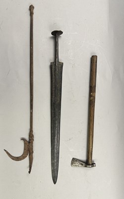 Lot 353 - SIX INDIAN ARROWS, EARLY 19TH CENTURY, AN IRON HILT FOR AN INDIAN TALWAR, THREE AXES