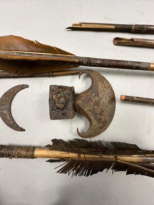 Lot 353 - SIX INDIAN ARROWS, EARLY 19TH CENTURY, AN IRON HILT FOR AN INDIAN TALWAR, THREE AXES