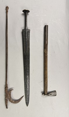 Lot 353 - SIX INDIAN ARROWS, EARLY 19TH CENTURY, AN IRON HILT FOR AN INDIAN TALWAR, THREE AXES
