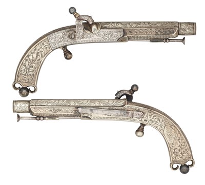 Lot 298 - A PAIR OF 60 BORE HIGHLAND WHITE METAL MOUNTED DRESS BELT PISTOLS SIGNED CAMPBELL