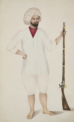 Lot 575 - A COMPANY SCHOOL PAINTING OF A SERVANT HOLDING A RIFLE, PATNA, INDIA, 19TH CENTURY