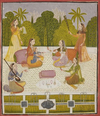 Lot 222 - TWO MAIDENS ON A GARDEN TERRACE, RAJASTHAN, PROBABLY BIKANER, 18TH CENTURY