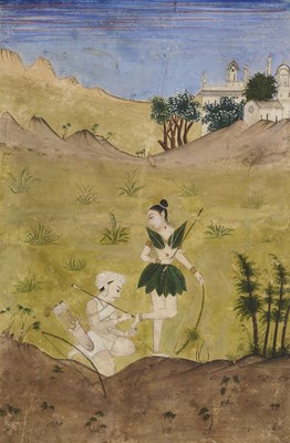 Lot 223 - A CHENCHU HUNTRESS AND HER COMPANION, PROVINCIAL MUGHAL OR DECCAN, INDIA, 18TH CENTURY