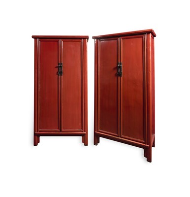 Lot 41 - A LARGE PAIR OF ELM WOOD RED LACQUERED TAPERING CABINETS, QING DYNASTY, MID 19TH CENTURY