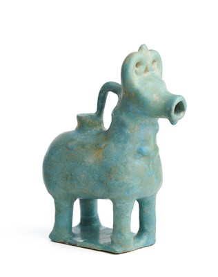 Lot 59 - A KASHAN TURQUOISE GLAZED POTTERY ACQUAMANILE IN THE FORM OF A BULL, PERSIA, CIRCA 1200