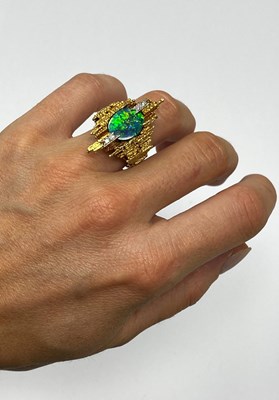 Lot 388 - GRIMA: GOLD, OPAL AND DIAMOND RING, 1971