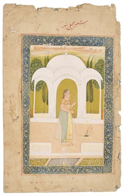 Lot 210 - A WOMAN SMOKING A HUQQA ON A TERRACE, INDIA, DECCAN, 18TH CENTURY