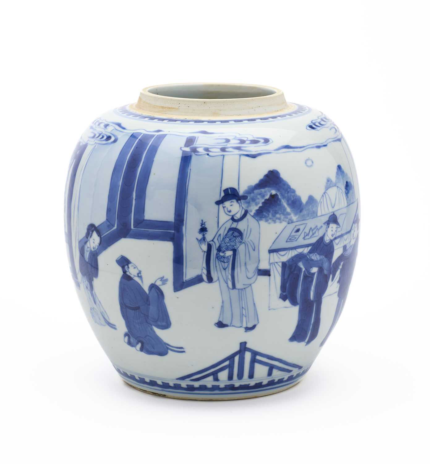 Lot 51 - A CHINESE BLUE AND WHITE JAR, QING DYNASTY, KANGXI PERIOD (1662-1722)