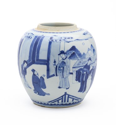 Lot 51 - A CHINESE BLUE AND WHITE JAR, QING DYNASTY, KANGXI PERIOD (1662-1722)