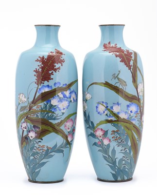 Lot 131 - A PAIR OF JAPANESE CLOISONNE ENAMEL 'FLOWER AND GRASSHOPPER' VASES, MEIJI PERIOD (1868-1912)