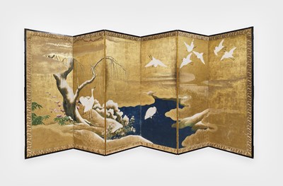 Lot 111 - A JAPANESE SIX-FOLD SCREEN, ‘EGRETS IN SNOW’, EDO PERIOD, LATE 17TH CENTURY