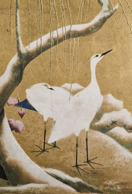 Lot 111 - A JAPANESE SIX-FOLD SCREEN, ‘EGRETS IN SNOW’, EDO PERIOD, LATE 17TH CENTURY