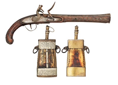 Lot 510 - A FLINTLOCK TRADE PISTOL AND TWO NORTH AFRICAN FLASKS, 19TH/20TH CENTURY