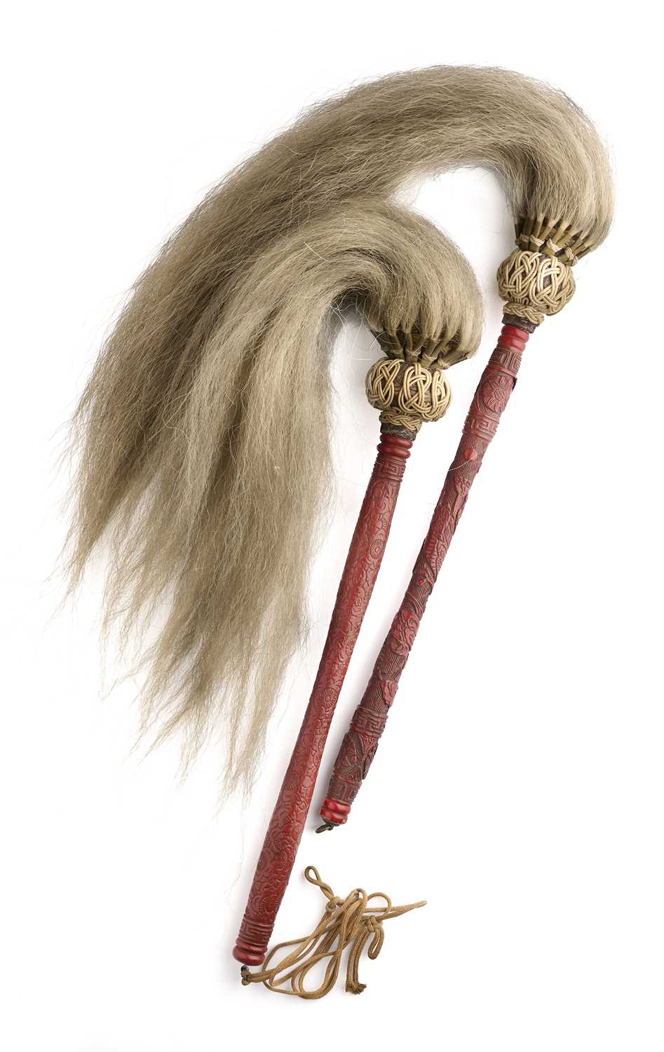 Lot 39 - TWO CHINESE CINNABAR LACQUER FLY WHISKS, QING DYNASTY, 19TH CENTURY