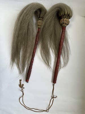 Lot 39 - TWO CHINESE CINNABAR LACQUER FLY WHISKS, QING DYNASTY, 19TH CENTURY