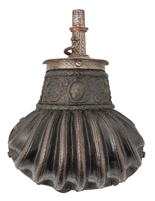 Lot 270 - A NORTH ITALIAN CUIR BOUILLI POWDER-FLASK, LAST QUARTER OF THE 16TH CENTURY