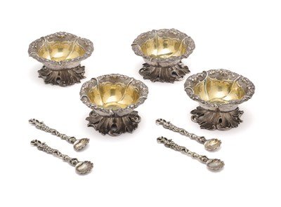 Lot 186 - A SET OF FOUR VICTORIAN SILVER SALT CELLARS, WILLIAM KER REID, LONDON, 1843