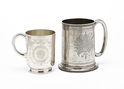 Lot 145 - TWO VICTORIAN BRIGHT-CUT ENGRAVED SILVER MUGS, BOTH EDWARD BARNARD & SONS, LONDON, 1870 / 1883