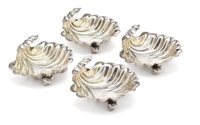 Lot 184 - A SET OF FOUR VICTORIAN SILVER SHELL SALTS, THOMAS HUGHES HEADLAND, LONDON, 1844