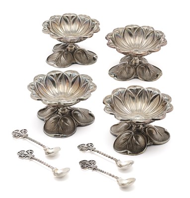 Lot 166 - A SET OF FOUR VICTORIAN NATURALISTIC SILVER SALT CELLARS, ALFRED SWEET PATERSON, BIRMINGHAM, 1864