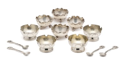 Lot 126 - TWO SETS OF FOUR VICTORIAN SILVER SALT CELLARS, BOTH LONDON