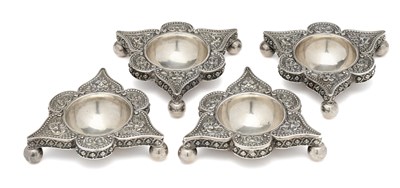 Lot 146 - A SET OF FOUR VICTORIAN SILVER SALT CELLARS, MACRAE & GOLDSTEIN, LONDON, 1871