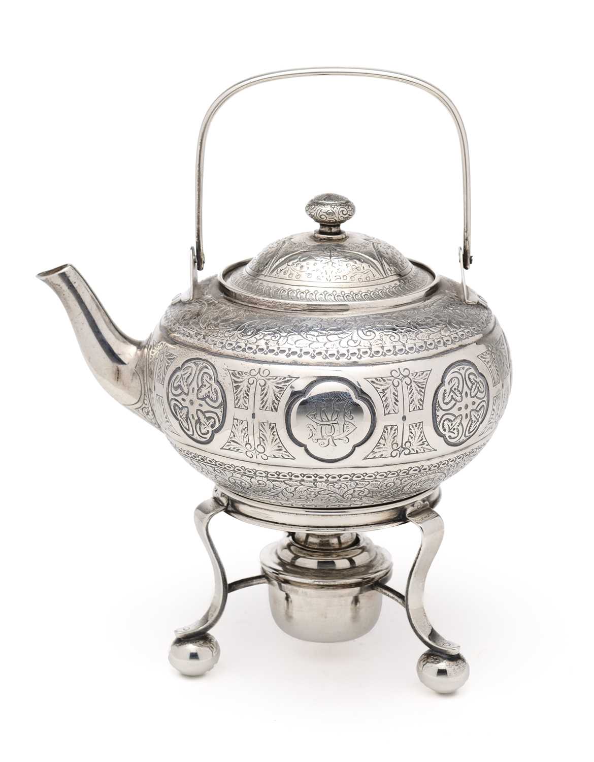 Lot 133 - A VICTORIAN SILVER SMALL TEA KETTLE ON STAND WITH BURNER, JOHN CARRINGTON, BIRMINGHAM, 1878