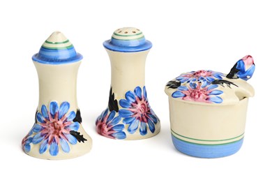 Lot 8 - A CLARICE CLIFF 'BIZARRE' THREE-PIECE CONDIMENT SET, 1930s