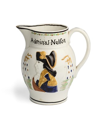 Lot 7 - A PRATT WARE 'ADMIRAL NELSON / CAPTAIN HARDY' JUG, EARLY 19TH CENTURY