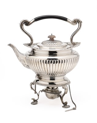 Lot 110 - A VICTORIAN SILVER TEA KETTLE ON STAND WITH BURNER, EDWARD BARNARD & SONS , LONDON, 1897