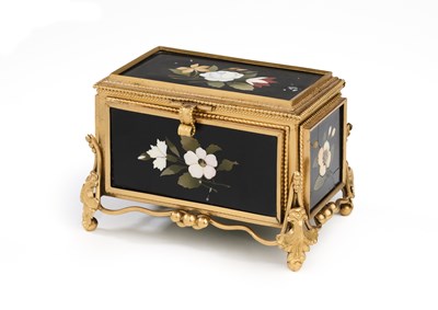 Lot 260 - A FRENCH GILT-METAL SMALL CASKET WITH PIERTRA DURA PANELS, PARIS, LATE 19TH CENTURY