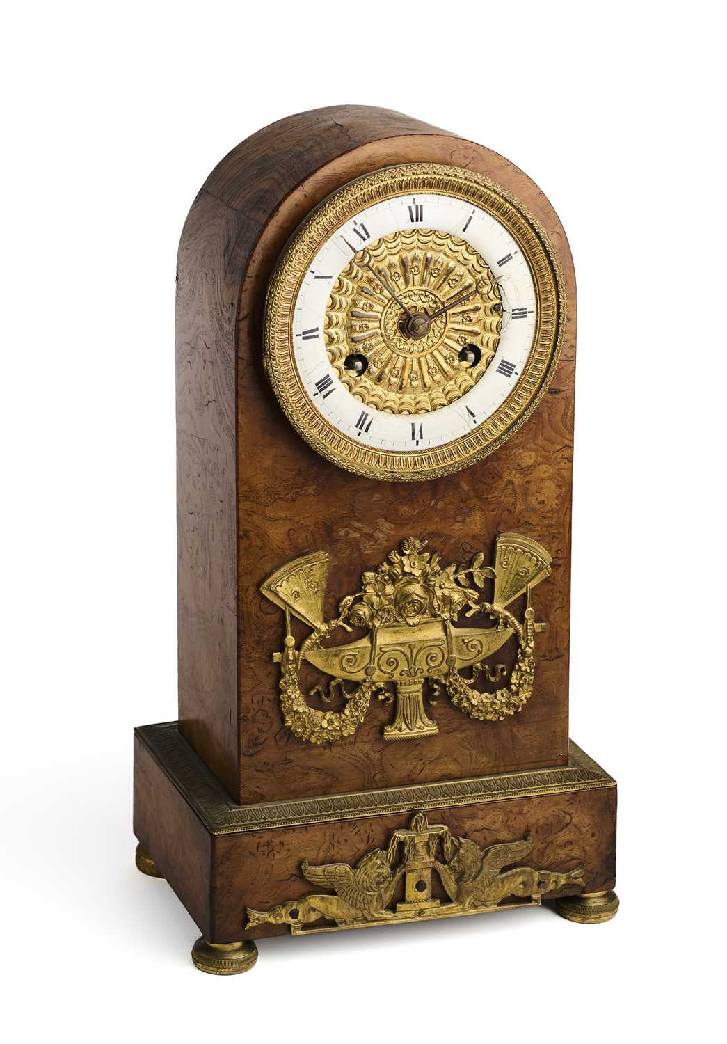Lot 582 - A RESTAURATION ORMOLU-MOUNTED BURR WOOD MANTEL CLOCK, PARIS, CIRCA 1840