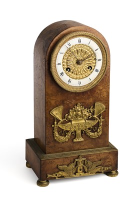 Lot 263 - A RESTAURATION ORMOLU-MOUNTED BURR WOOD MANTEL CLOCK, PARIS, CIRCA 1840