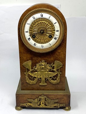 Lot 582 - A RESTAURATION ORMOLU-MOUNTED BURR WOOD MANTEL CLOCK, PARIS, CIRCA 1840