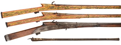 Lot 383 - AN 8 BORE INDIAN MATCHLOCK GUN, 18TH/EARLY 19TH CENTURY; A DETACHED RIFLE BARREL