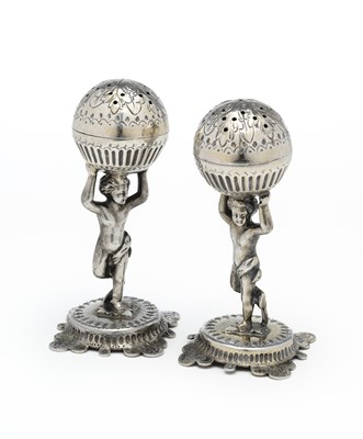 Lot 156 - A PAIR OF VICTORIAN SILVER FIGURAL PEPPERETTES, JOHN SEPTIMUS BERESFORD, LONDON, 1878