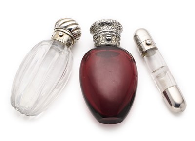 Lot 248 - THREE VICTORIAN SILVER-MOUNTED SCENT FLASKS, ALL LONDON