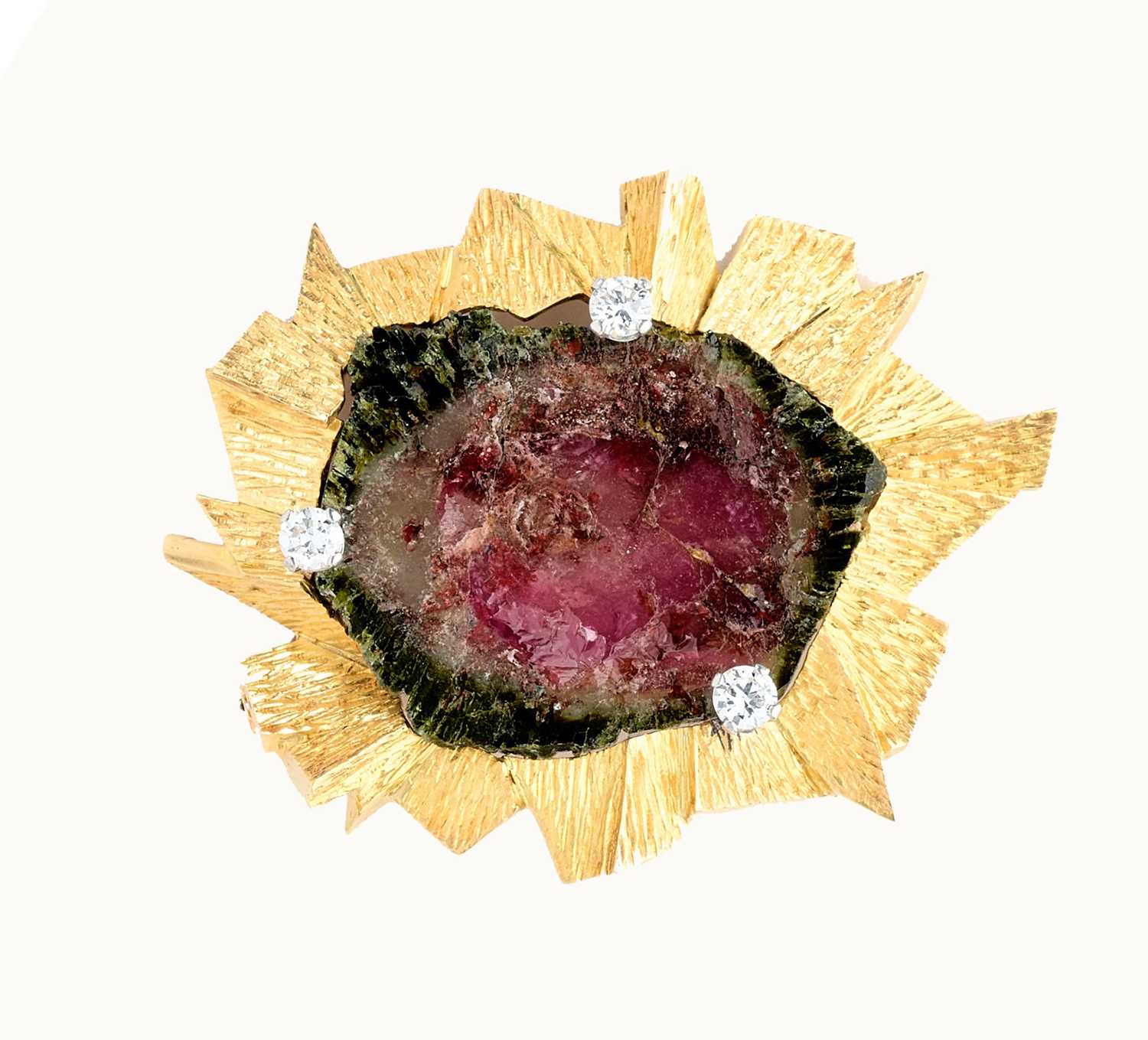 Lot 750 - GRIMA: GOLD, TOURMALINE AND DIAMOND BROOCH, 1966