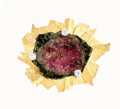 Lot 389 - GRIMA: GOLD, TOURMALINE AND DIAMOND BROOCH, 1966