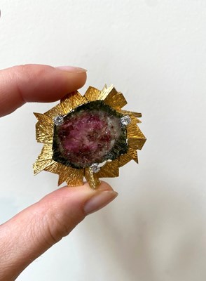 Lot 750 - GRIMA: GOLD, TOURMALINE AND DIAMOND BROOCH, 1966